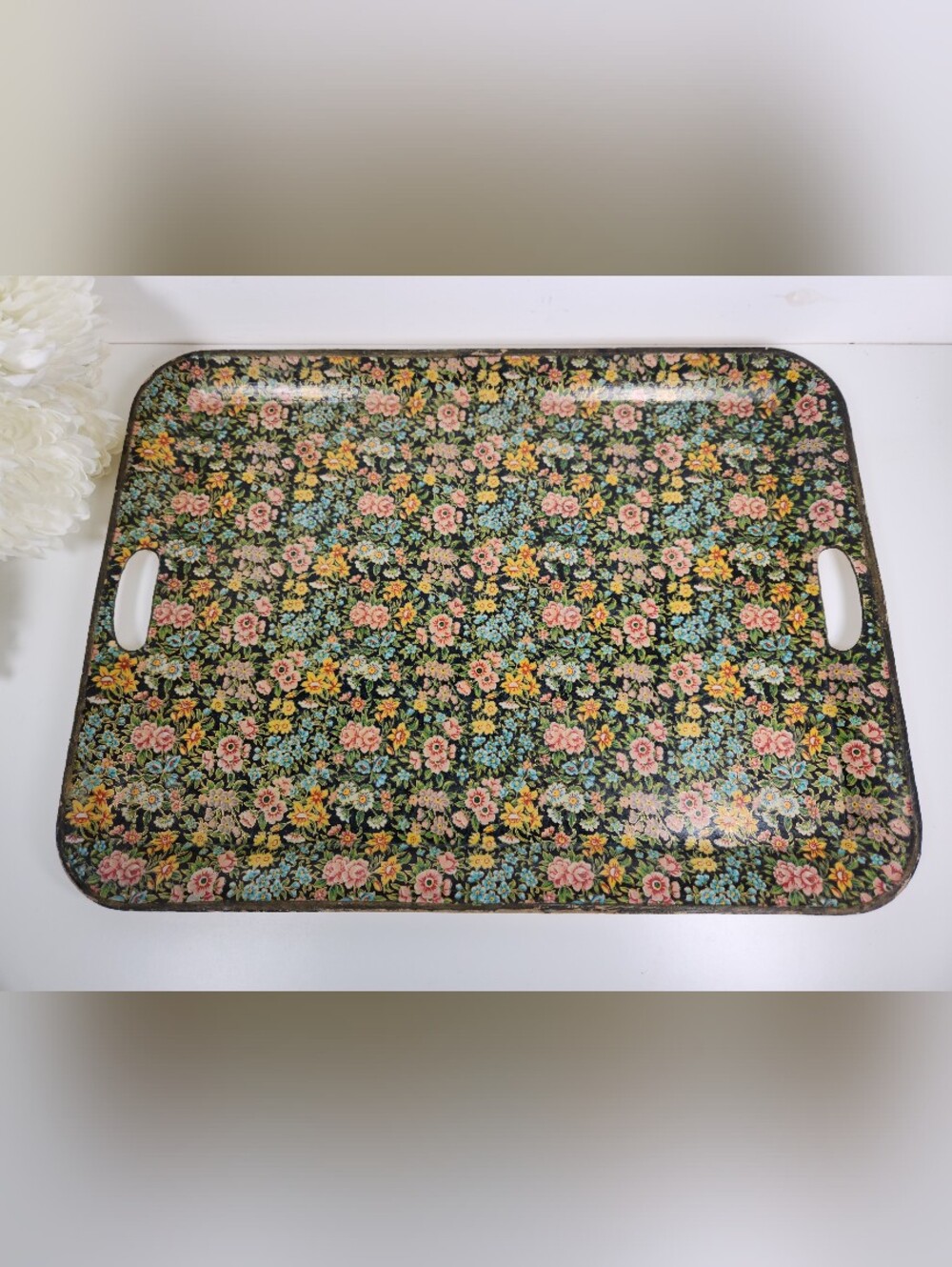 Large Vintage Floral Paper Mache Tole Tray 20" | Highmount Quality | Shabby Chic